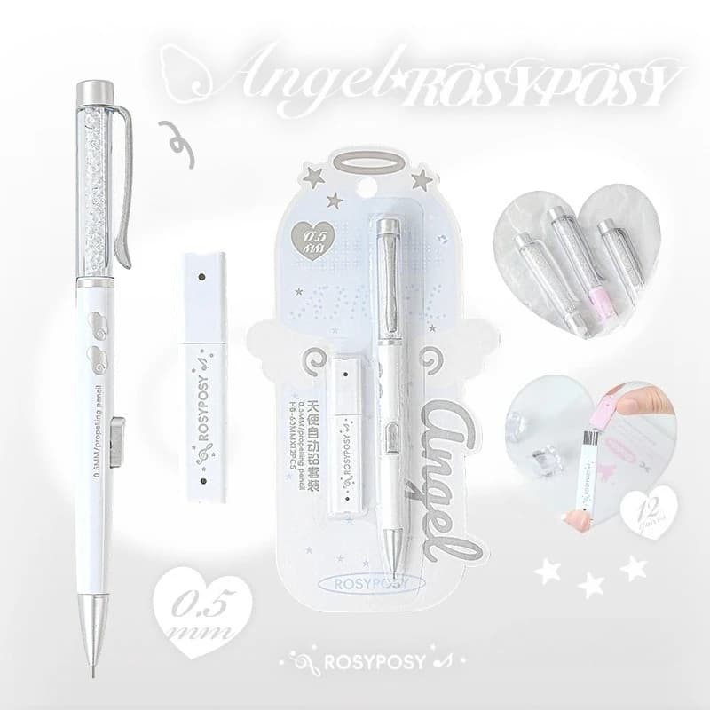 Angel Automatic Pencil Set 0.5HB Glitter Crystal Mechanical Pencil Push Button Cute Student Writing Tools Kawaii School Supplies