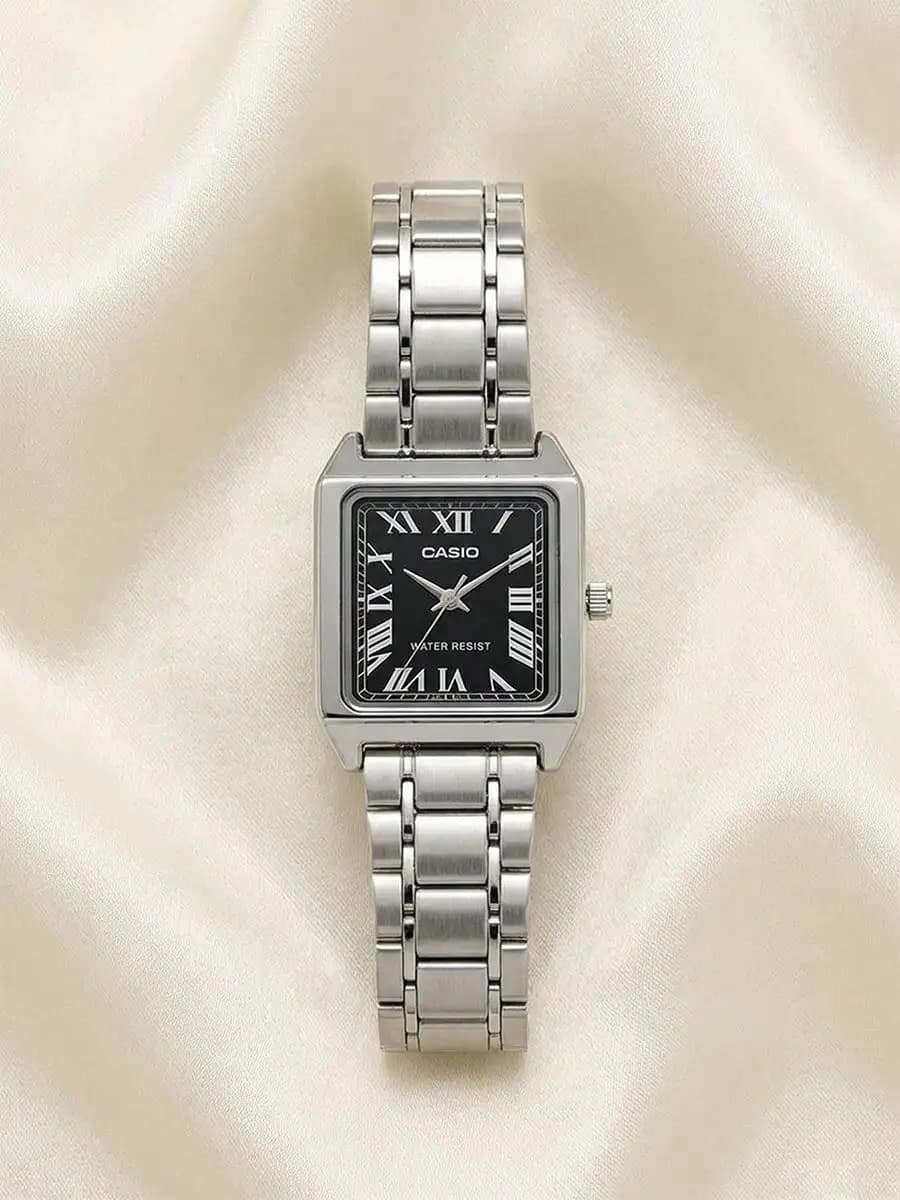 CASIO Women's Elegant Square Watch Stainless Steel Band Black Dial Roman Numeral Markers Business Casual Timeless for Daily Gift - 4