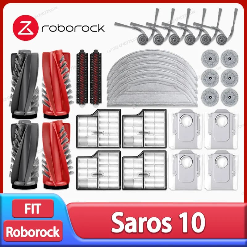 قطع غيار وإكسسوارات مكنسة روبوروك Saros 10 / S9 MaxV Ultra تشمل فرشاة جانبية رئيسية وقماش مسح وفلتر هيبا وكيس غبار