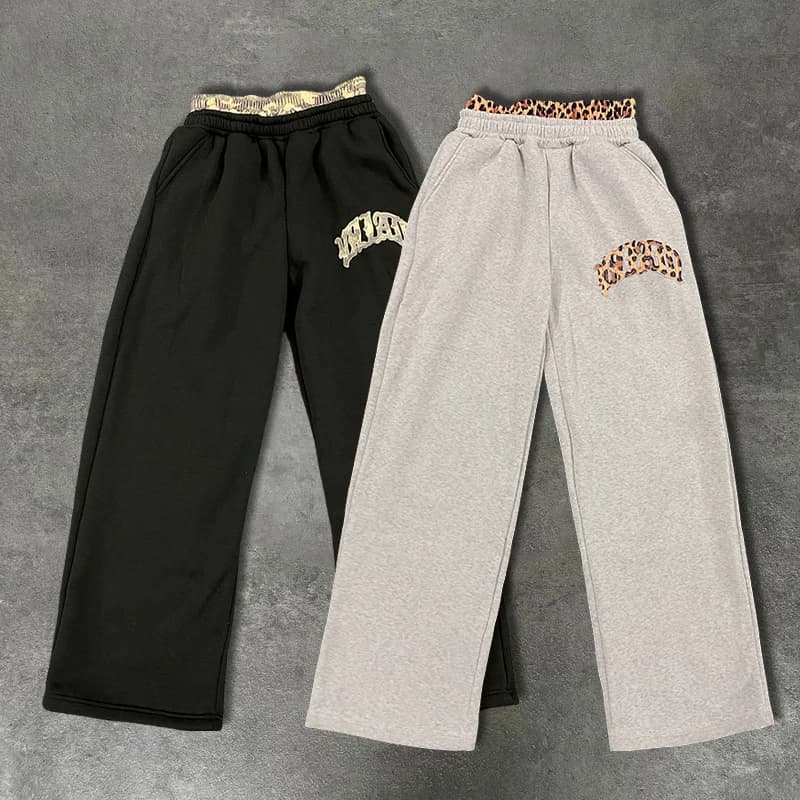 Leopard Print Letter Embroidered Double Waistband Street Casual Pants Y2K Style Men's And Women's Versatile Sweatpants