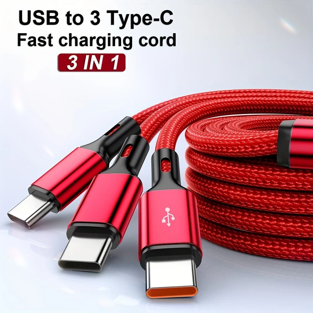 100 واط 6A USB-A إلى 3 × Type-C 3 في 1 كابل شحن سريع لهاتف سامسونج جالاسي S24 Xiaomi Redmi هواوي كابل شحن USB C متعدد المنافذ