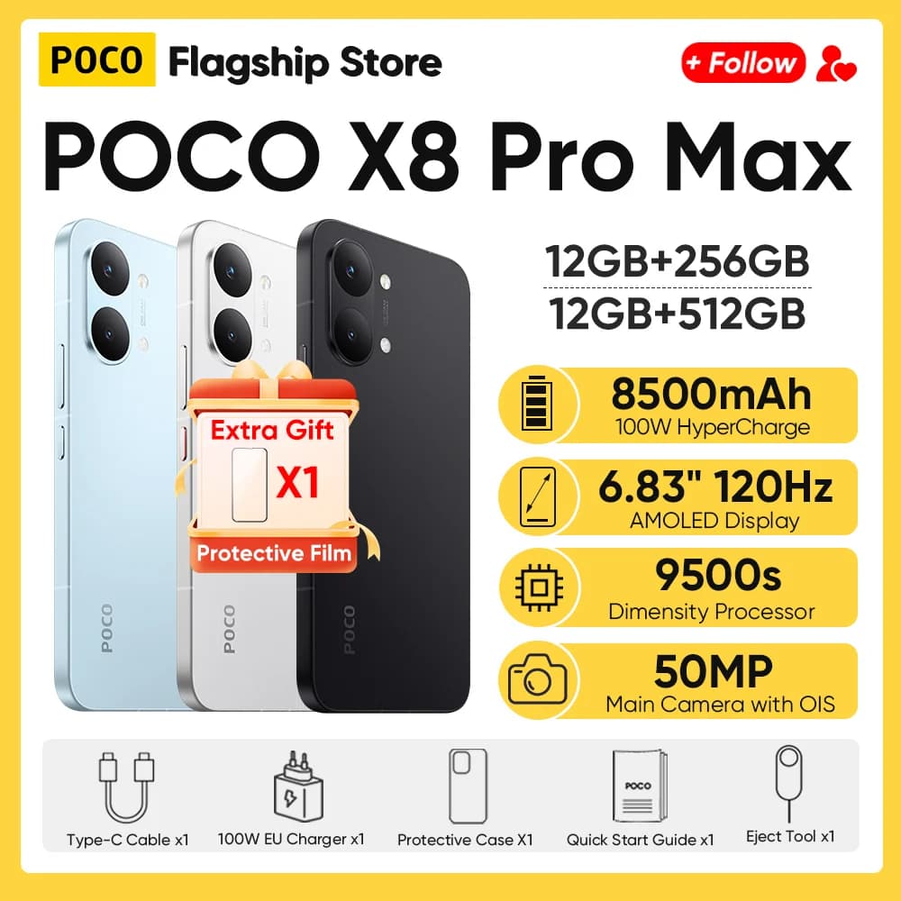 【New Arrivals】Global Version POCO X8 Pro Max 5G Smartphone Dimensity 9500s 6.83" AMOLED Display 50MP 8500mAh 100W HyperCharge