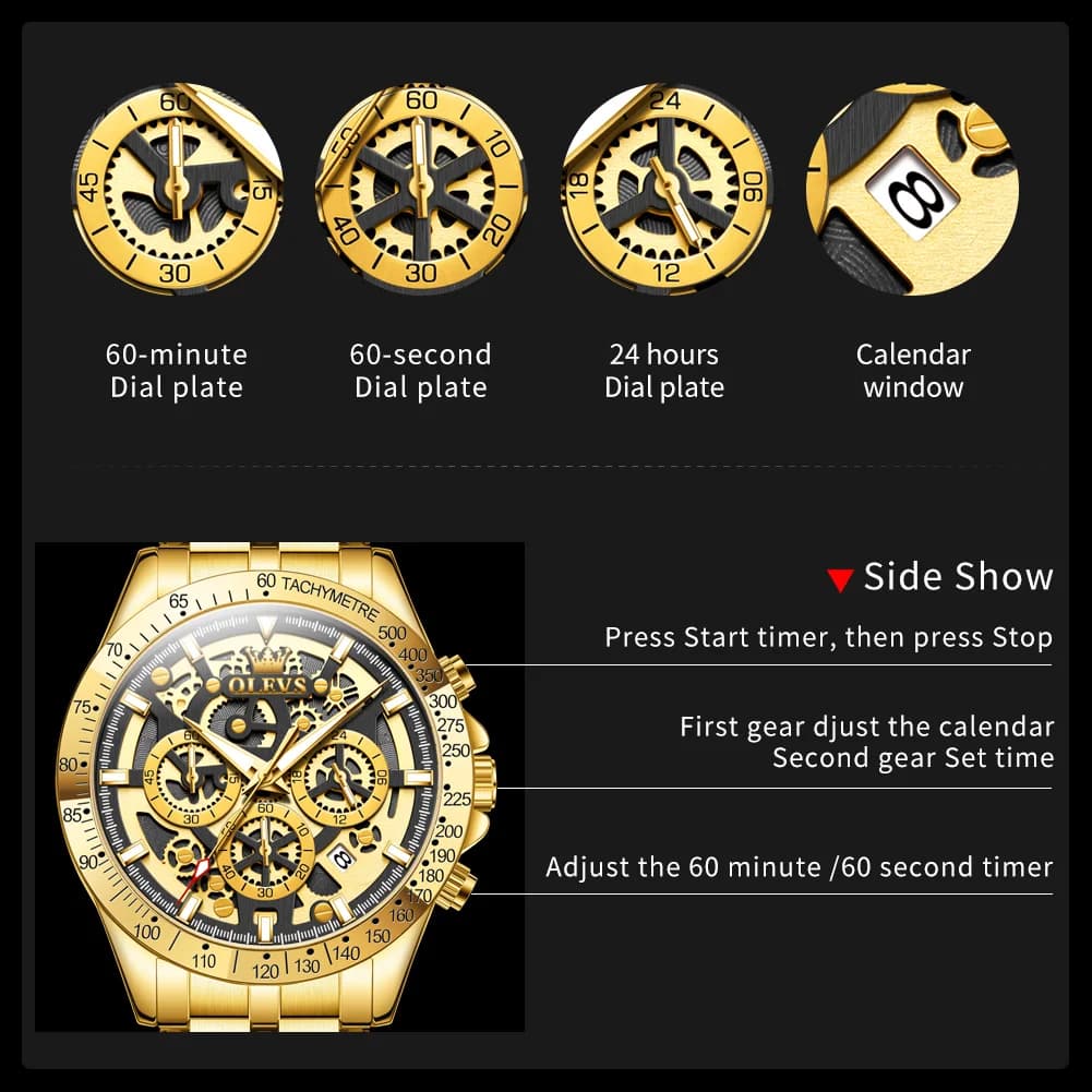 OLEVS Lxuxry Brand Gold Men's Watches Full Skeleton Stainless steel Chronograph Wristwatch Waterproof Luminous Quartz Watch Men - 4