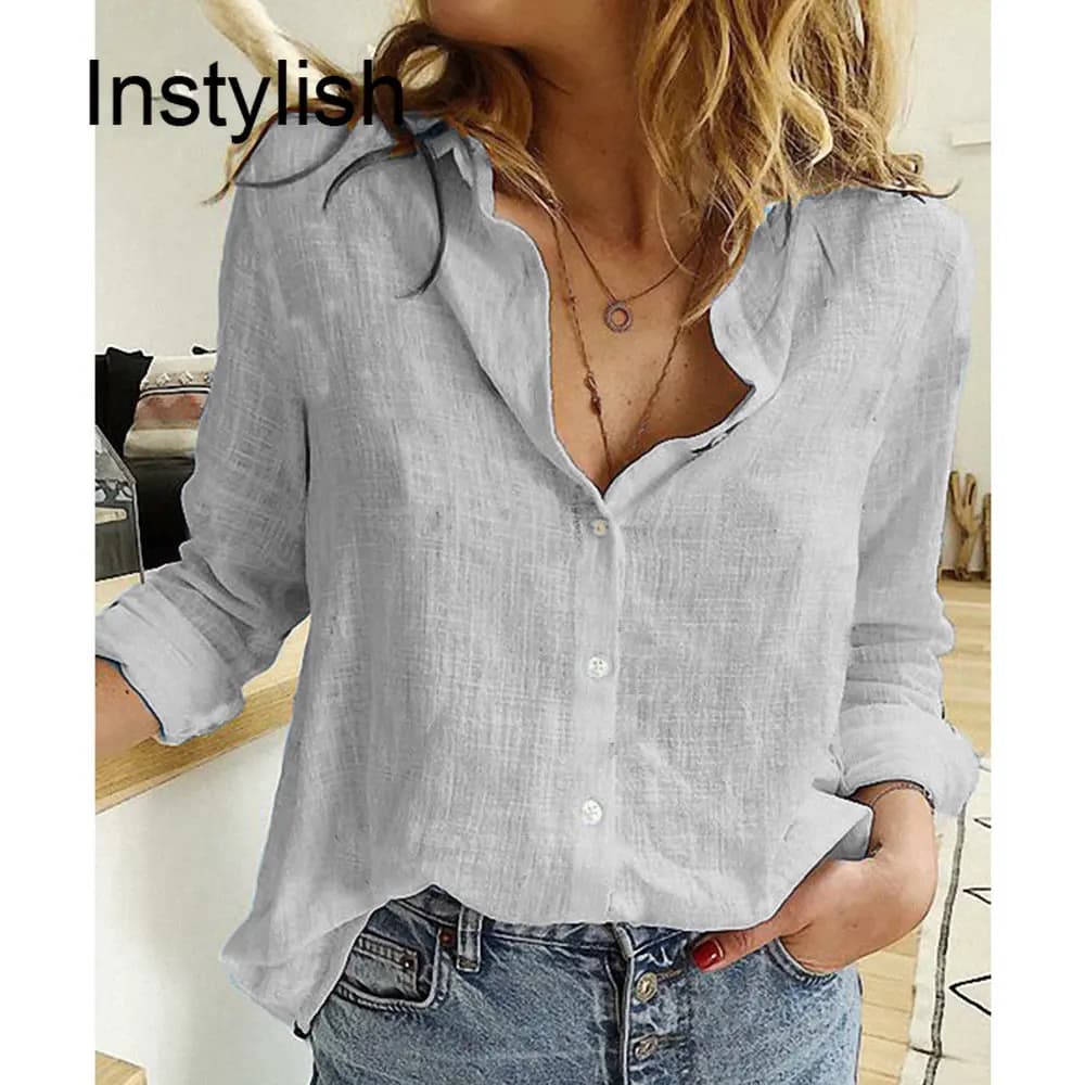 Women Casual Long Sleeve Cotton Linen Loose Shirt Elegant Solid Harajuku Lapel Blouse Vintage Oversize Tops Y2K Streetwear Tunic - 4
