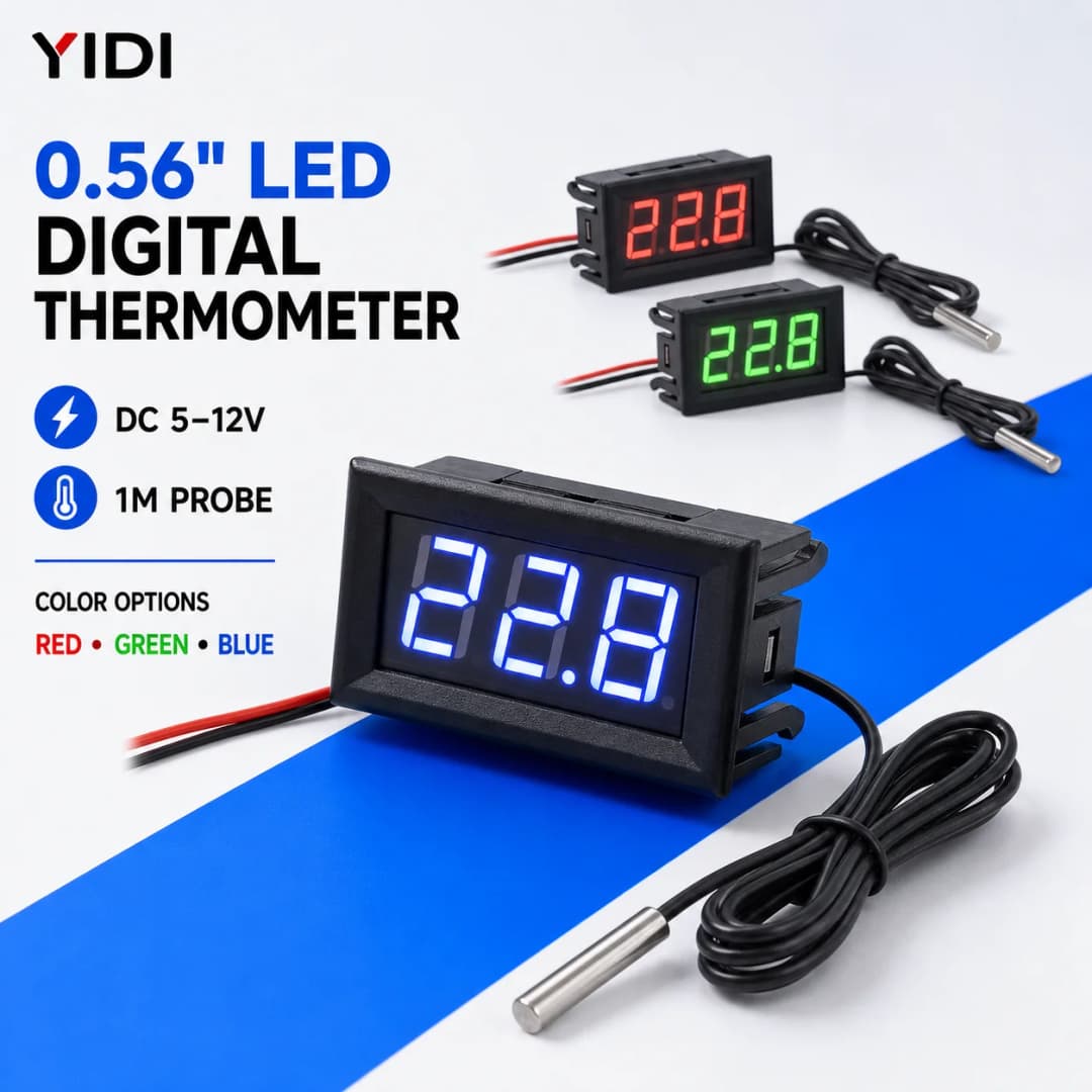 مقياس حرارة رقمي 0.56 بوصة DC 5-12V بشاشة LED حمراء زرقاء خضراء مع مجس لقياس درجة الحرارة في السيارة أو الحاضنة أو حوض السمك