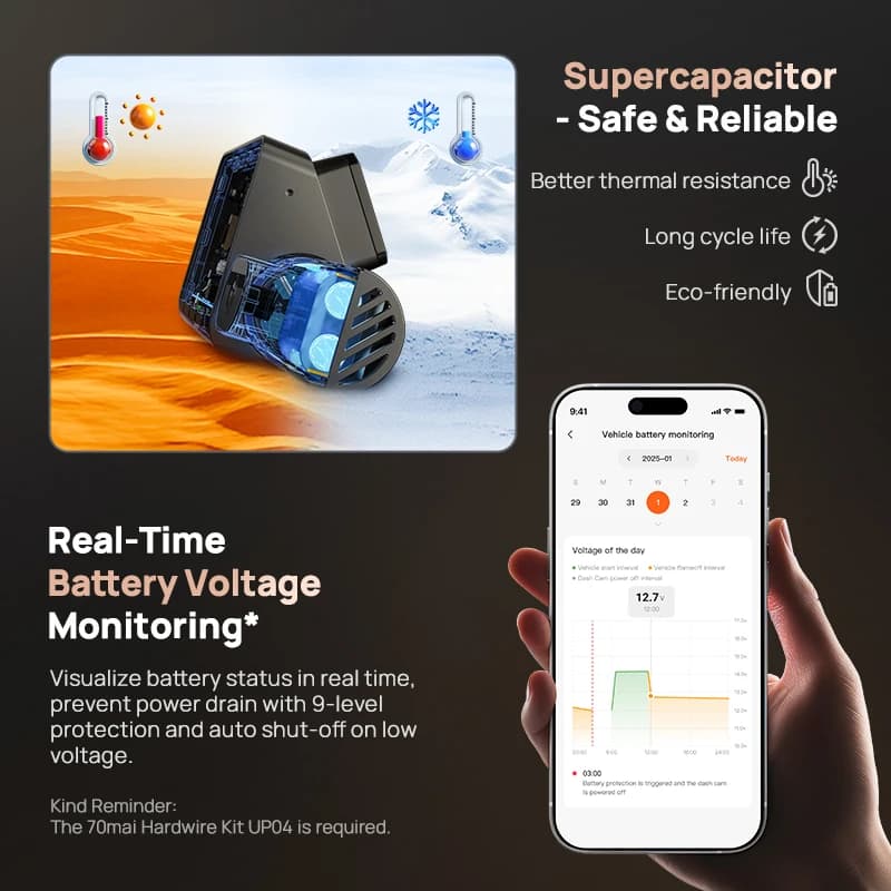 70mai 4K Dash Cam A810S Dual 4K+1080P STARVIS2 IMX678 HDR GPS ADAS 24H Parking Voice Car DVR Supercapacitor Buffered Recording - 4