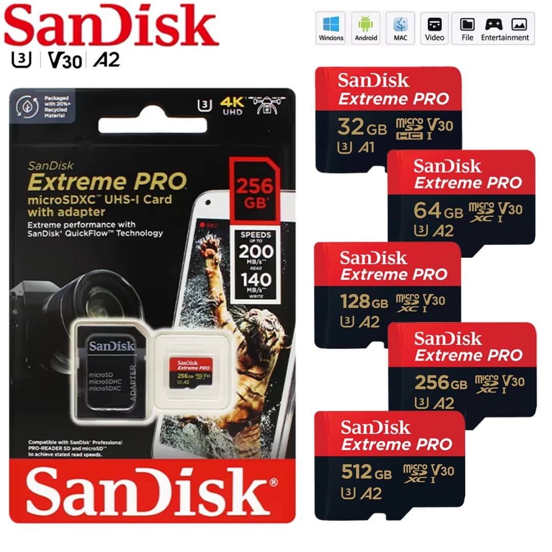 بطاقة ذاكرة SanDisk PRO Micro SD 극한 بسعات 128 جيجابايت و64 جيجابايت و32 جيجابايت و512 جيجابايت و256 جيجابايت و400 جيجابايت و1 تيرابايت، بطاقة ذاكرة فلاش SD U3 4K V30 Micro SD TF - 2