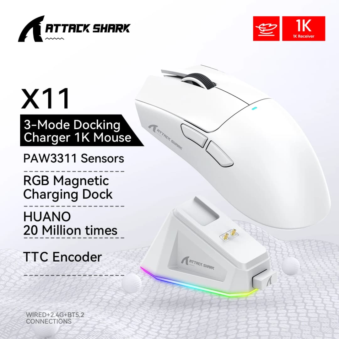 ماوس Attack Shark X11/X11SE بلوتوث لاسلكي بثلاثة أوضاع، 2.4G، PAW3311، إضاءة RGB، قاعدة شحن مغناطيسية للكمبيوتر، ماوس ألعاب إلكترونية