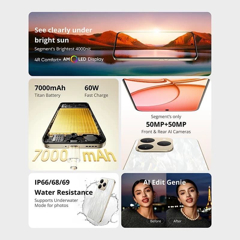 realme 15T 5G Smartphone NFC Dimensity 6400 Max Chipset Dual 50MP Cameras 6.57" 120Hz AMOLED Display 7000mAh Battery 60W Charge - 2