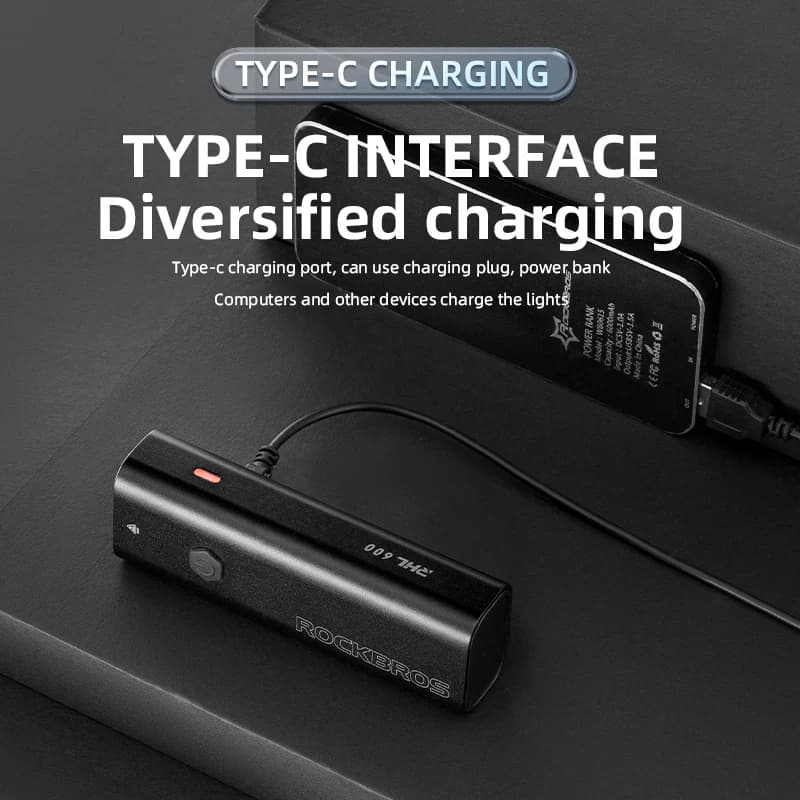 ROCKBROS 600LM Bike Front Light Waterproof IPX6 Type-C Rechargeable MTB Road Bicycle Headlight Aluminum Alloy Cycling Flashlight - 4