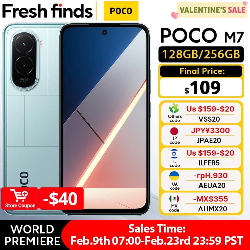 【عرض عالمي】 هاتف POCO M7 نسخة عالمية 128 جيجا بايت 256 جيجا بايت سناب دراجون 685 NFC بطارية 7000 مللي أمبير شاشة غامرة 6.9 بوصة FHD+