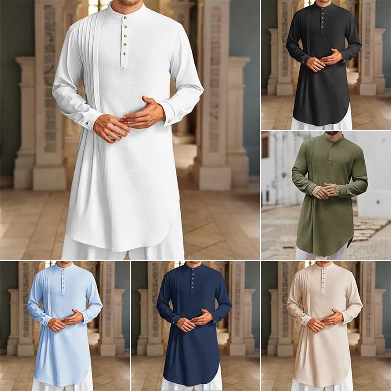 NEW Men's Muslim Shirt Stand Collar Long Sleeve Robe Islamic Arab Kaftan Solid Color Streetwear Casual Men Clothing Cotton Linen - 2