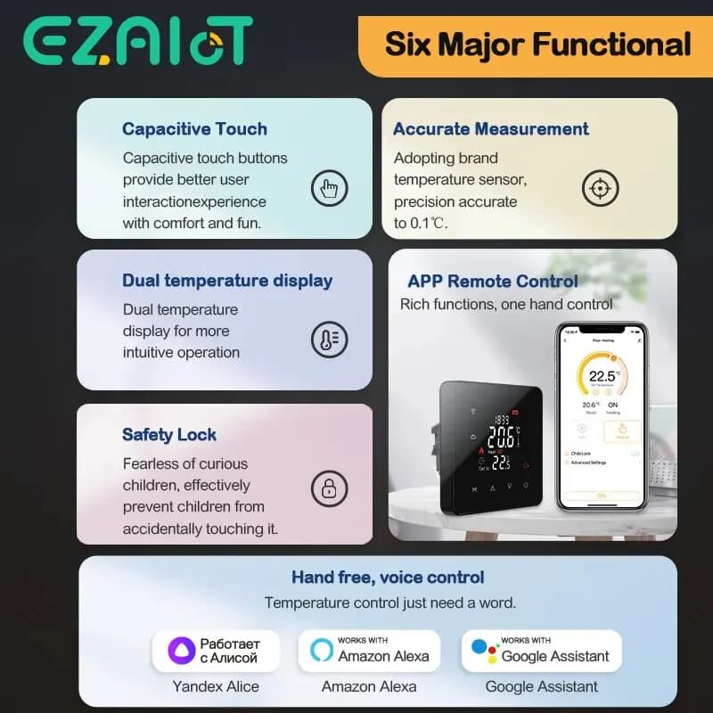 تيا ترموستات المنزل الذكي للتحكم عن بعد في درجة الحرارة لتدفئة الأرضيات المائية/الكهربائية وغلاية الغاز عبر واي فاي مع جوجل أليكسا - 2