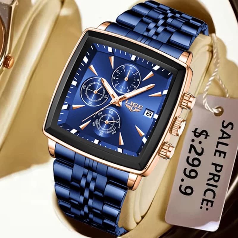 ساعات LIGE الفاخرة للرجال، ساعة كرونوغراف عسكرية مربعة، ساعة يد كوارتز رياضية مقاومة للماء - 6