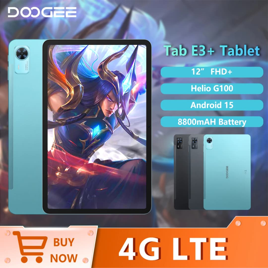 جهاز لوحي DOOGEE Tab E3+ بشاشة 12 بوصة FHD+ ونظام أندرويد 15 وذاكرة 32 جيجابايت (8+24) و256 جيجابايت وبطارية كبيرة 8800 مللي أمبير ومعالج Helio G100 وGemini AI