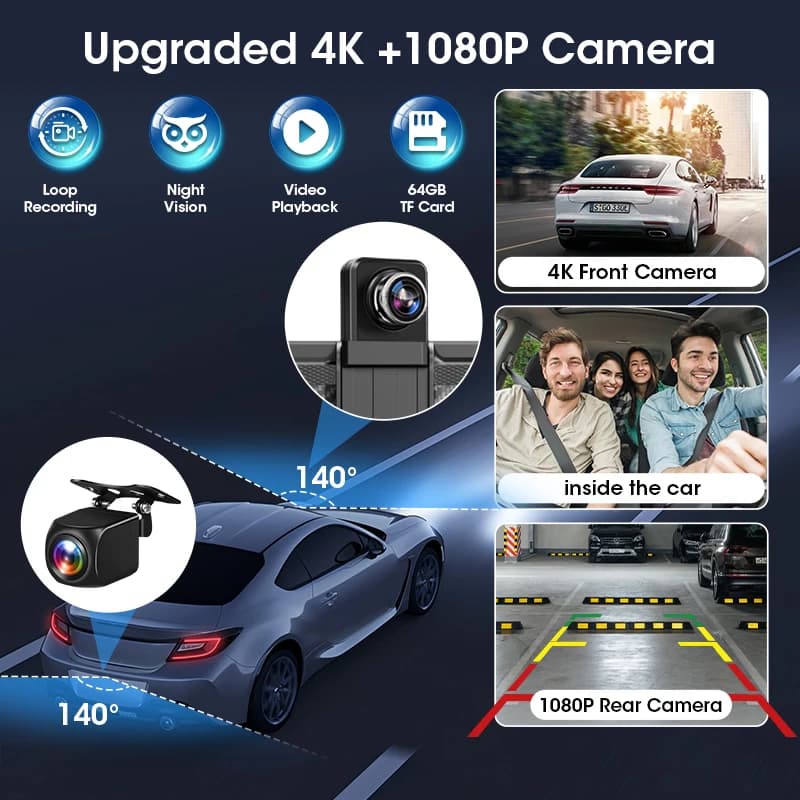 كاميرا لوحة قيادة 10/11.26 بوصة 4K كاربلاي لاسلكي وأندرويد أوتو مسجل فيديو 360 درجة دوران عدسة مزدوجة كاميرا شاحنة - 4