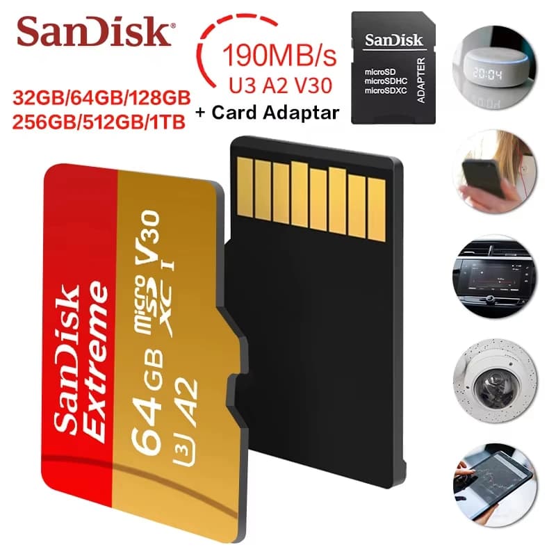 بطاقة ذاكرة Sandisk Extreme 512 جيجابايت 256 جيجابايت 128 جيجابايت 64 جيجابايت 32 جيجابايت TF مايكرو SD فئة A2 ذاكرة فلاش مايكرو SD