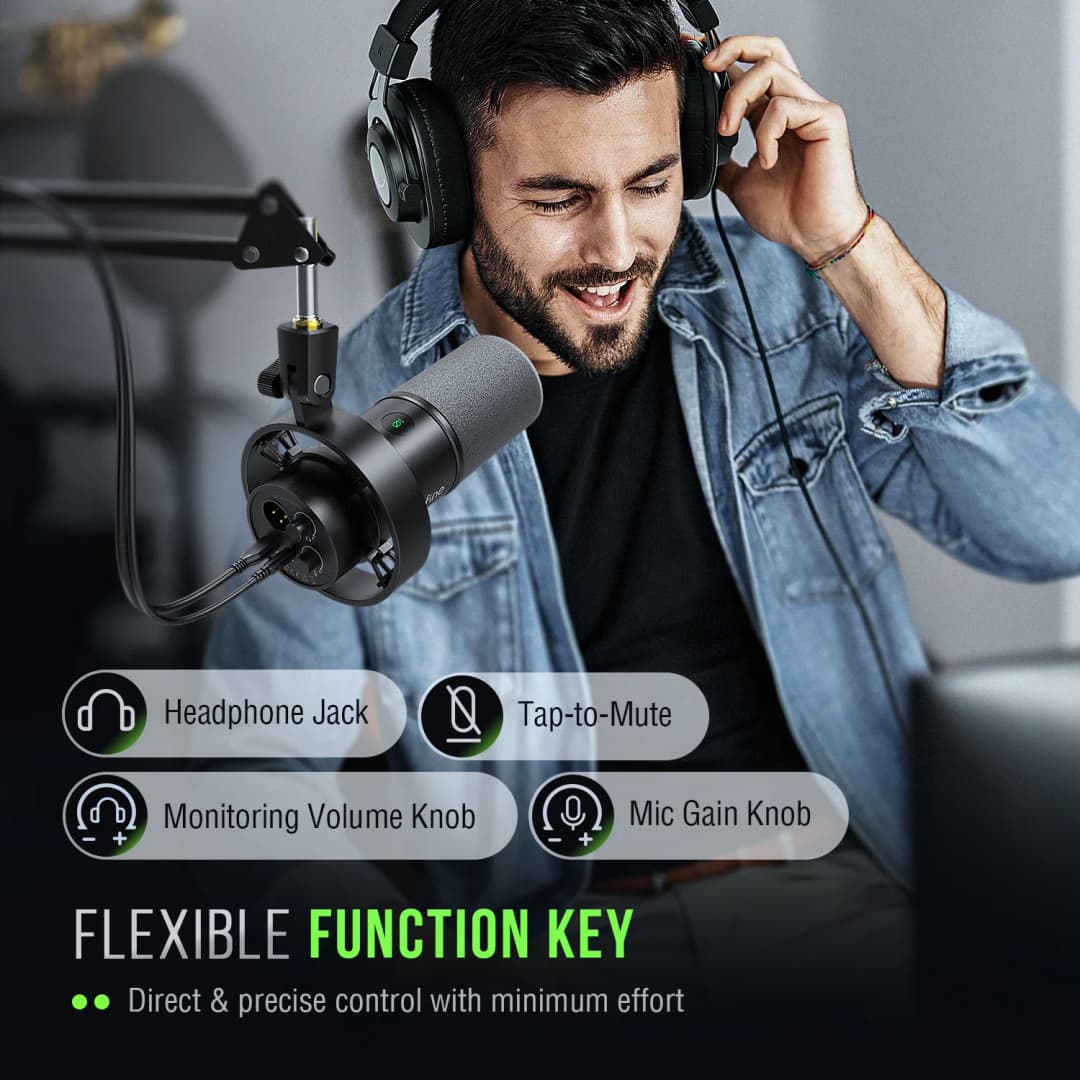 FIFINE USB/XLR Dynamic Microphone with Shock Mount,Touch-mute,Headphone Jack&Volume Control,for PC or Sound Card Recording -K688 - 4
