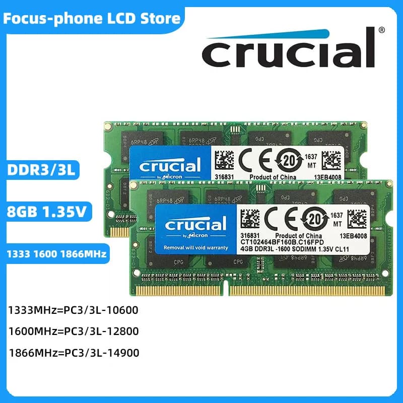 ذاكرة رام Crucial DDR3 DDR3L سعة 8 جيجابايت بتردد 1333 ميجاهرتز/1600 ميجاهرتز/1866 ميجاهرتز SODIMM PC-10600/12800/14900 بجهد 1.5V/1.35V و204Pin لذاكرة الكمبيوتر المحمول