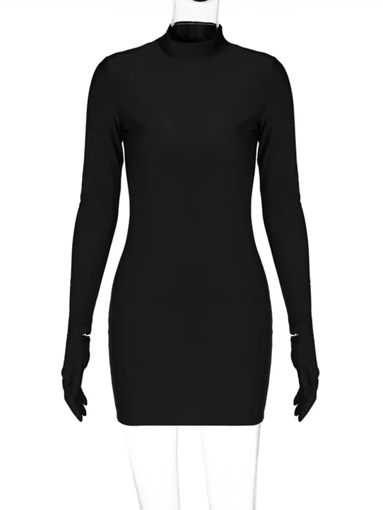 Solid Long Sleeve With Gloves Mini Dress Bodycon Sexy Streetwear Party Half Turtleneck Outfits Y2K Clothes Wholesale - 4