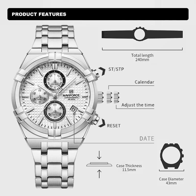 NAVIFORCE Original Watches for Men Quartz Fashion Sport Chronograph Male Simple Wild Waterproof ate Display Wristwatch Man Clock - 2