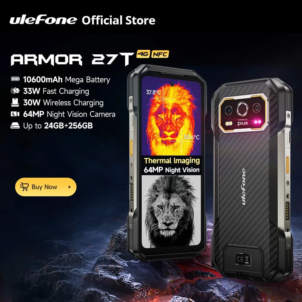 هاتف Ulefone Armor 27T 4G متين ببطارية 10600mAh بنظام أندرويد 14، ذاكرة 24 جيجابايت + 256 جيجابايت، شاشة 6.78 بوصة FHD+ بمعدل تحديث 120 هرتز، كاميرا 64 ميجابكسل برؤية ليلية وتقنية NFC