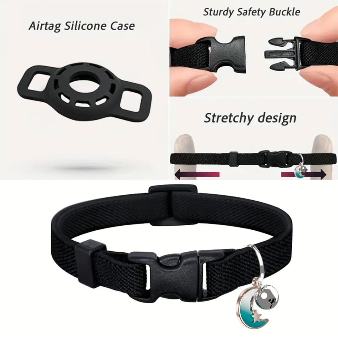 Fashion Airtag Pet Collar Adjustable Elastic Nylon Puppy Cat Collar with Bell Anti-lost GPS Tracker Case（No tracker included） - 3