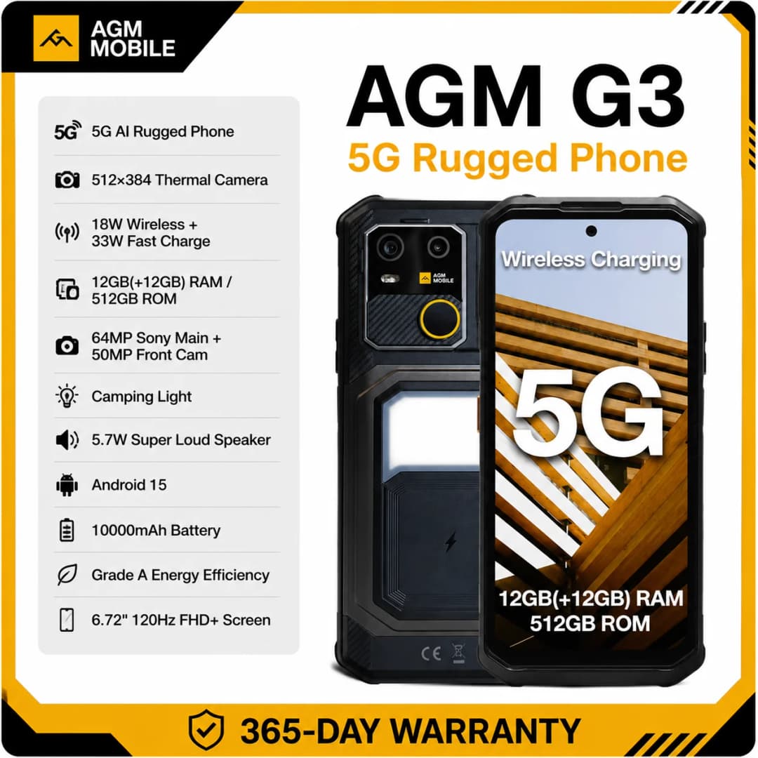 هاتف AGM G3 5G المتين 24 جيجابايت (12+12) 512 جيجابايت شحن لاسلكي 10000 مللي أمبير 6.72 بوصة 120 هرتز ديمينسيتي 7300 أندرويد 15 مع إضاءة تخييم
