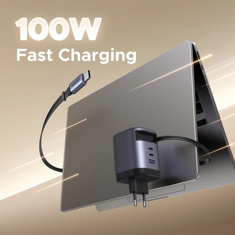 يو جرين شاحن 100W GaN مع كابل يو إس بي C قابل للسحب UFCS PPS PD شحن سريع لـ لابتوب ماك بوك برو آيباد تابلت آيفون سامسونج - 2