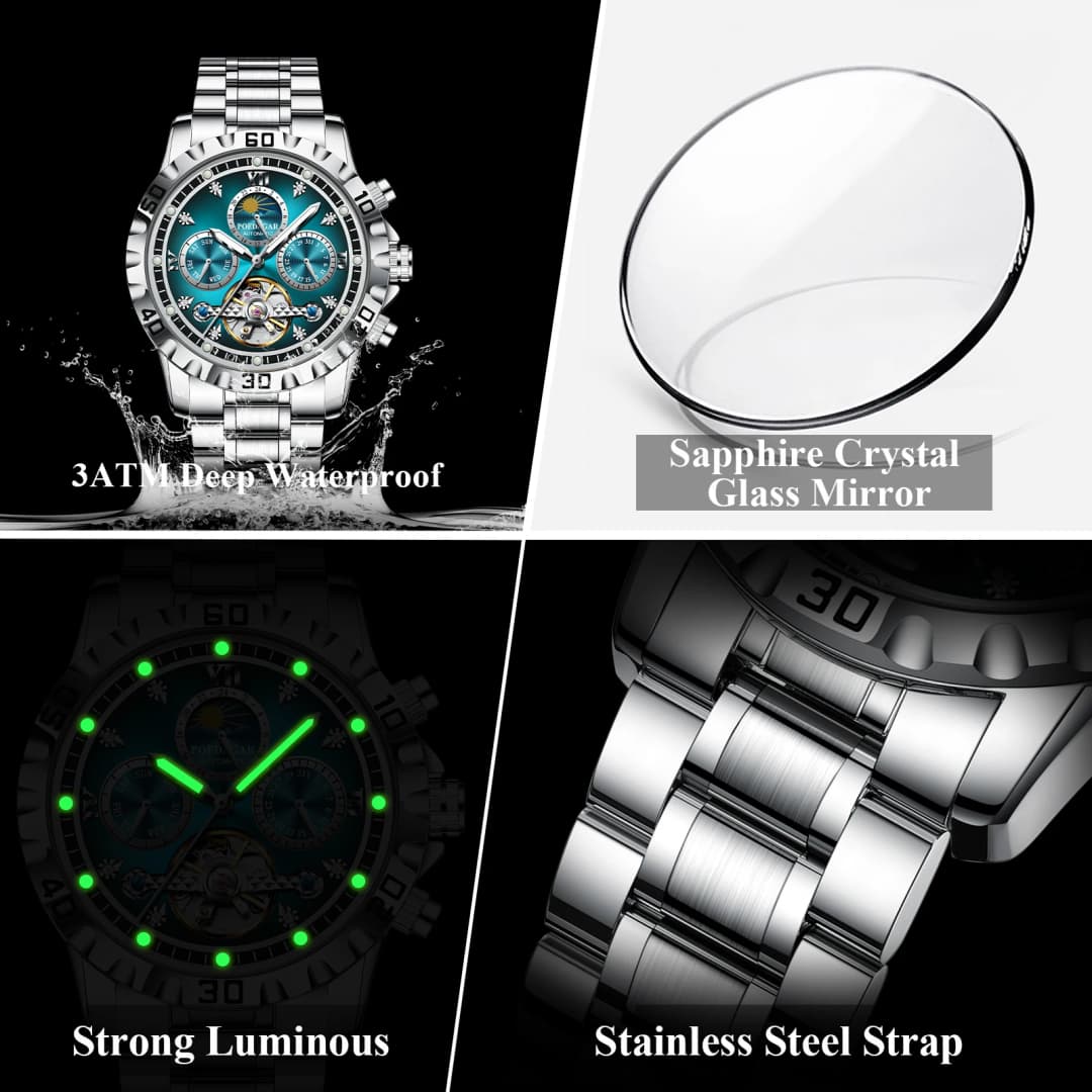POEDAGAR Military Luxury Men Clock Mechanical Waterproof Man Watch Hollow Tourbillon Automatic Stainless Steel Men's Watches+Box - 3