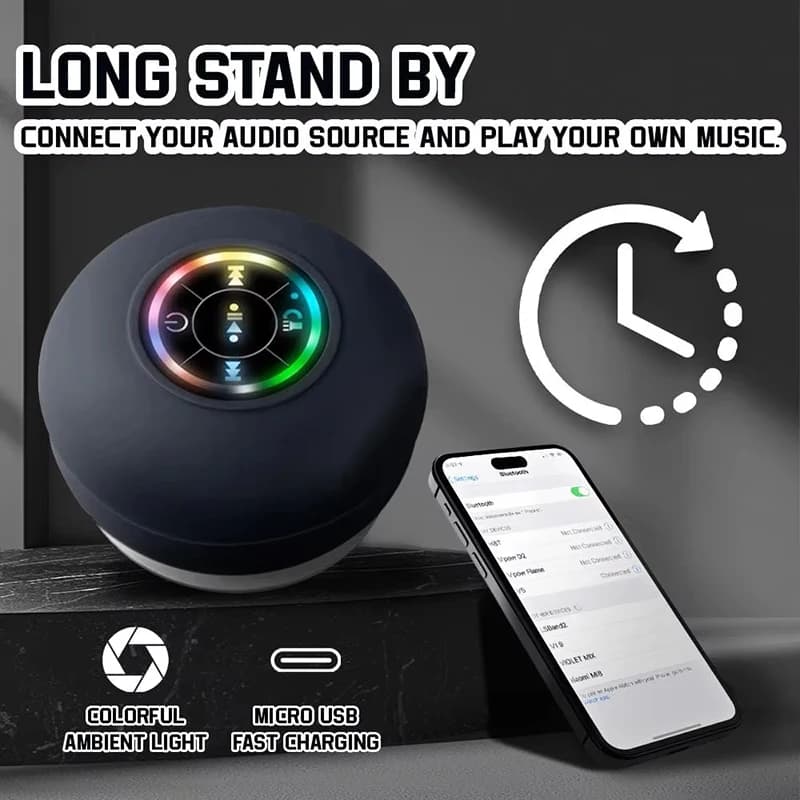 Bluetooth Speaker Portable Wireless Mini LED Speaker With Mic Suction Cup IPX4 Waterproof Resistant For Travel Outdoor Bathroom - 2