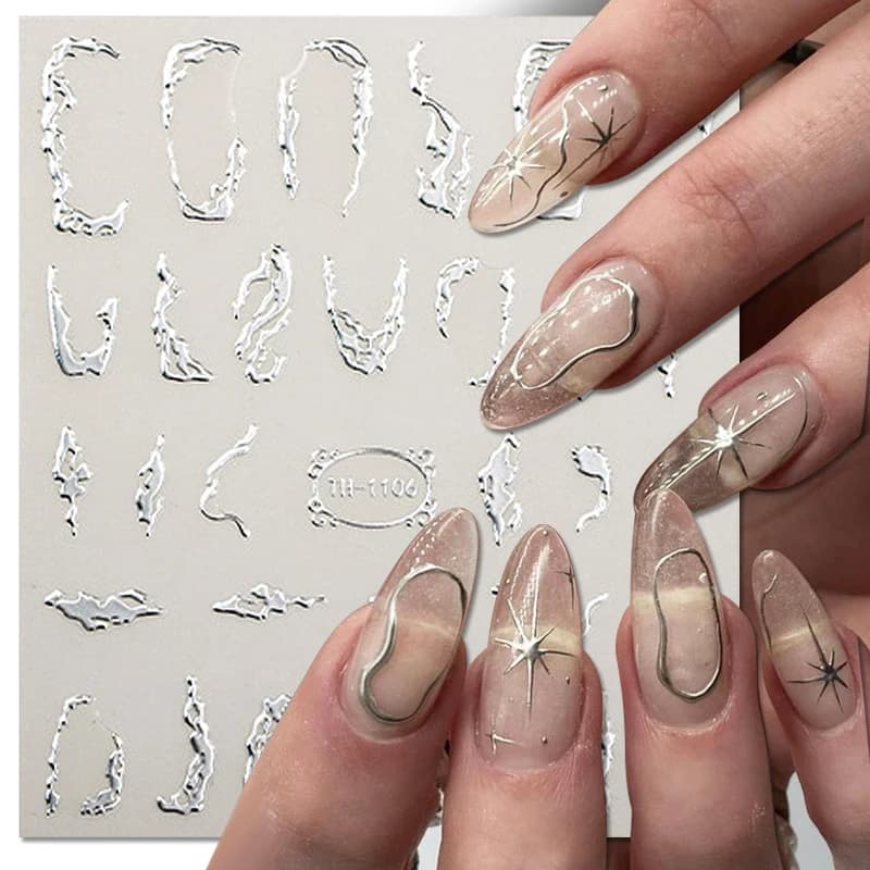 Metal Line Nail Stickers 3D Sliver Gold Curve Stripe Lines Tape Swirl Sliders Manicure Adhesive Gel Nail Art Decals Decorations - 3