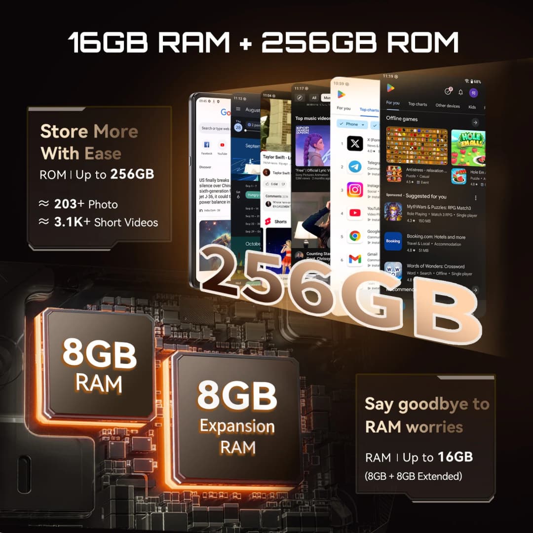 هاتف كوبوت X100 الذكي بشبكة 5G، أندرويد 15، معالج دايمنشن 7025، 6 نانومتر، 2.5 جيجا هرتز، شاشة 6.88 بوصة، 16 جيجابايت رام (8+8)، 256 جيجابايت روم، كاميرا 64 ميجابكسل، بطارية 5100 مللي أمبير - 4