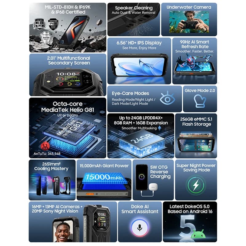 Blackview ROCK 1 AI Rugged Smartphone 6.56-inch 90Hz Display 256GB MediaTek Helio G81 Android 16 NFC Torch 15000mAh Cellphone - 2