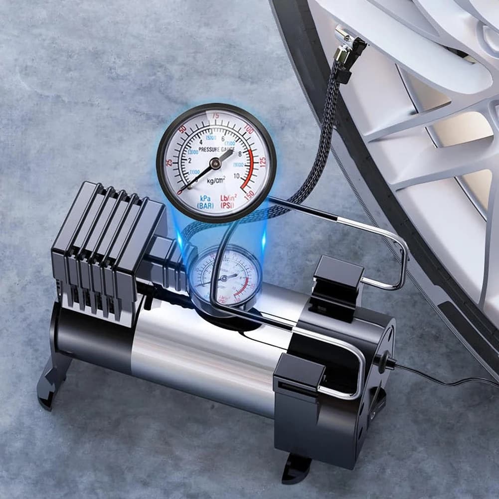 منفاخ إطارات كهربائي 12V مع مقياس ضغط، مضخة إطارات سيارة، ضاغط هواء صغير محمول فاخر من المعدن - 2