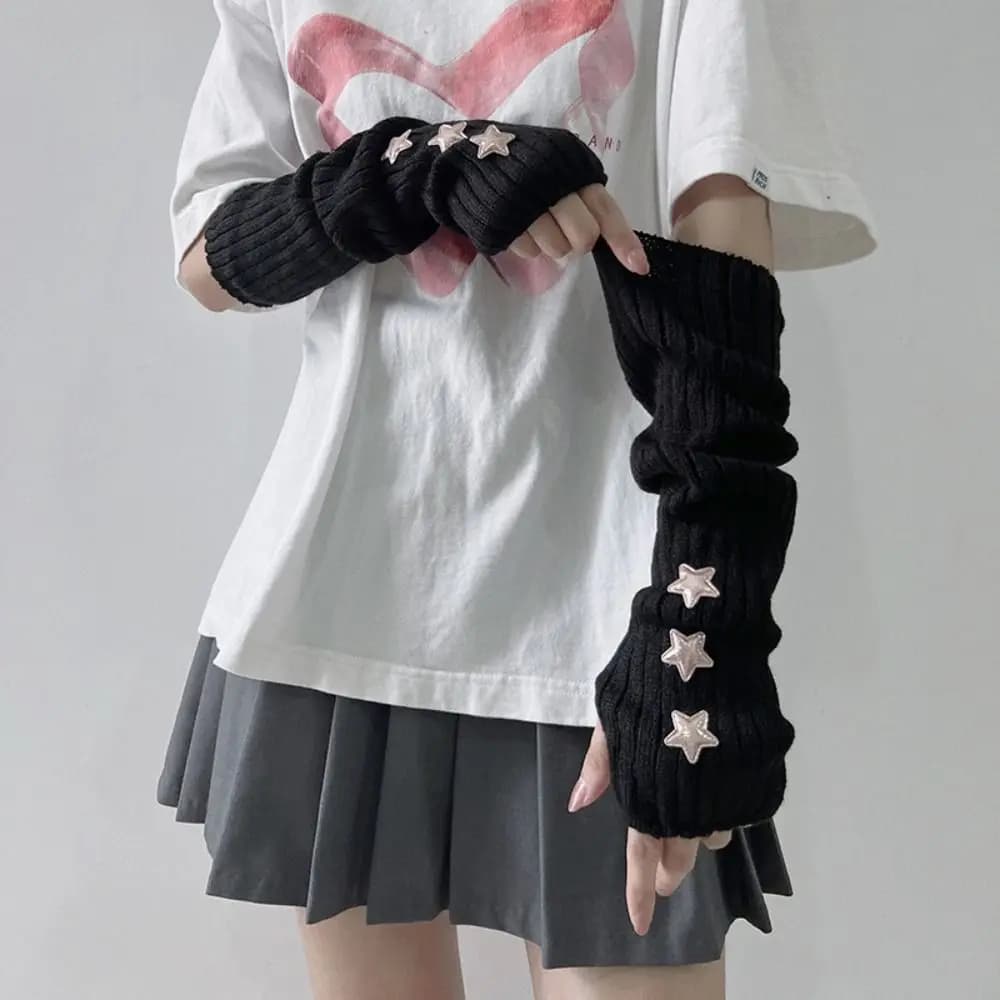 1Pair Fingerless Long Wrist Gloves Arm Warmers False Sleeves Knitted Gloves Finger Sleeves Cover Black White Half Finger Gloves - 2