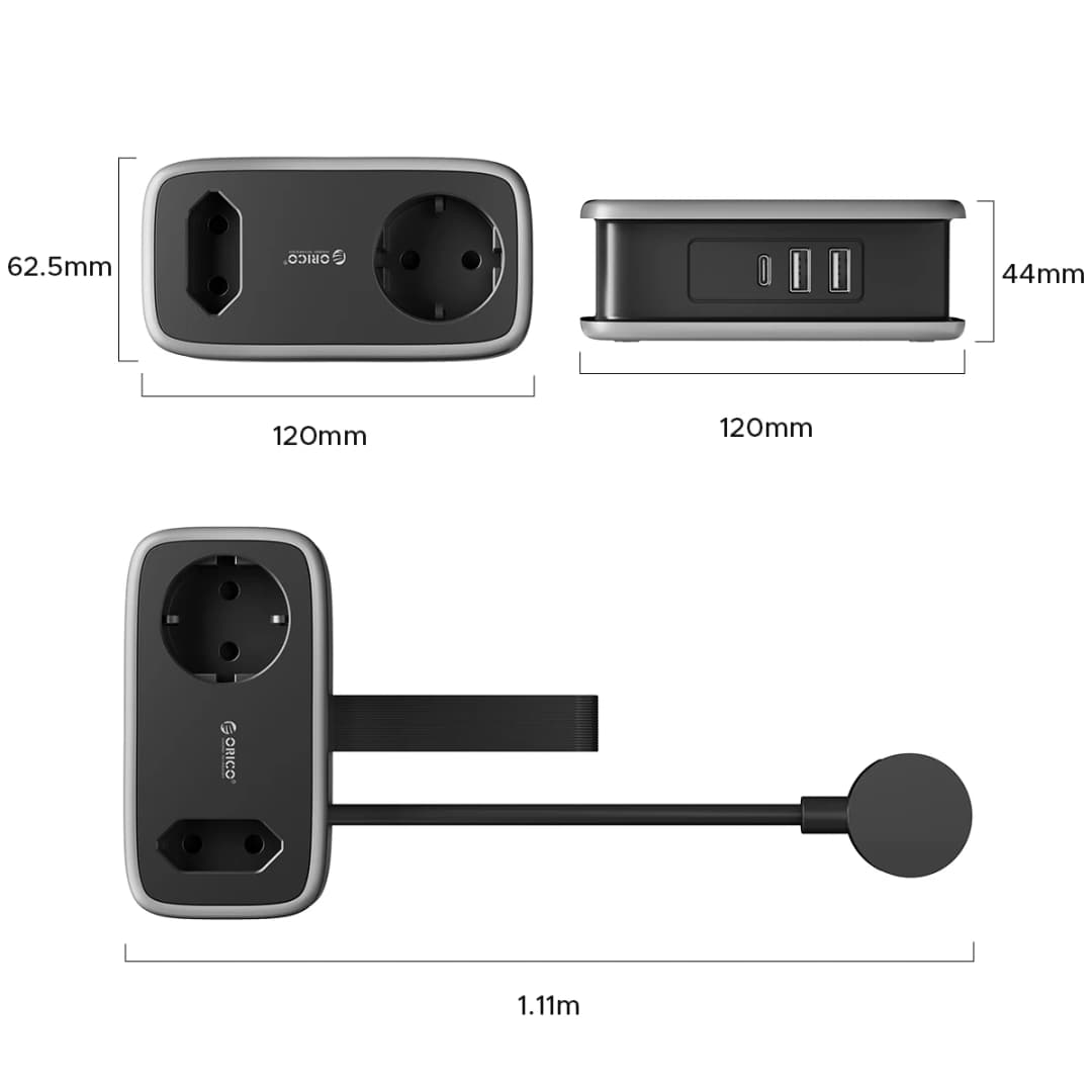 ORICO Power Strip  2AC 3USB Port EU Plug Socket 1.1M Extension Cable Sockets 5-In-1 Smart Socket for Home/Travel Power Strip - 6