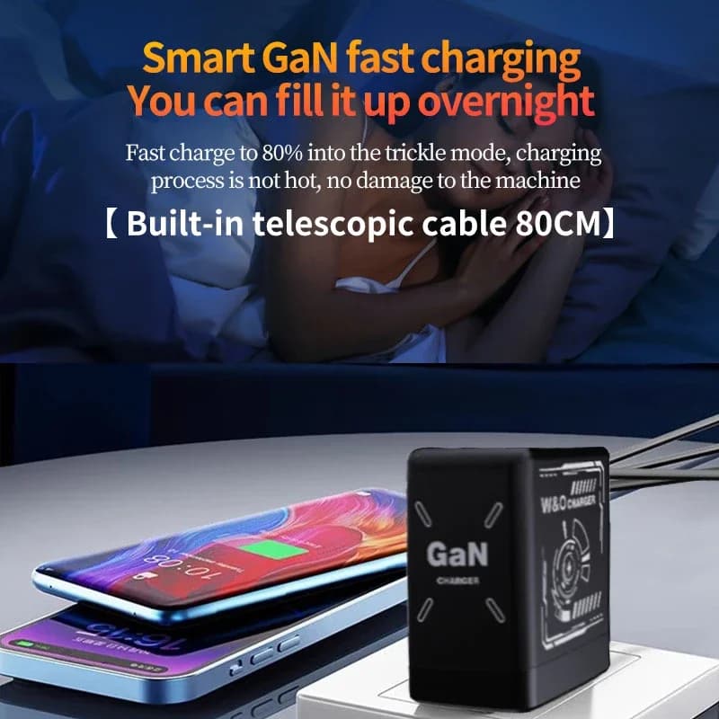 شاحن سريع جديد GaN بقوة 120 واط مع كابل Type-C قابل للسحب ومحول طي محمول متعدد الأجهزة لهواتف آيفون وسامسونج - 4