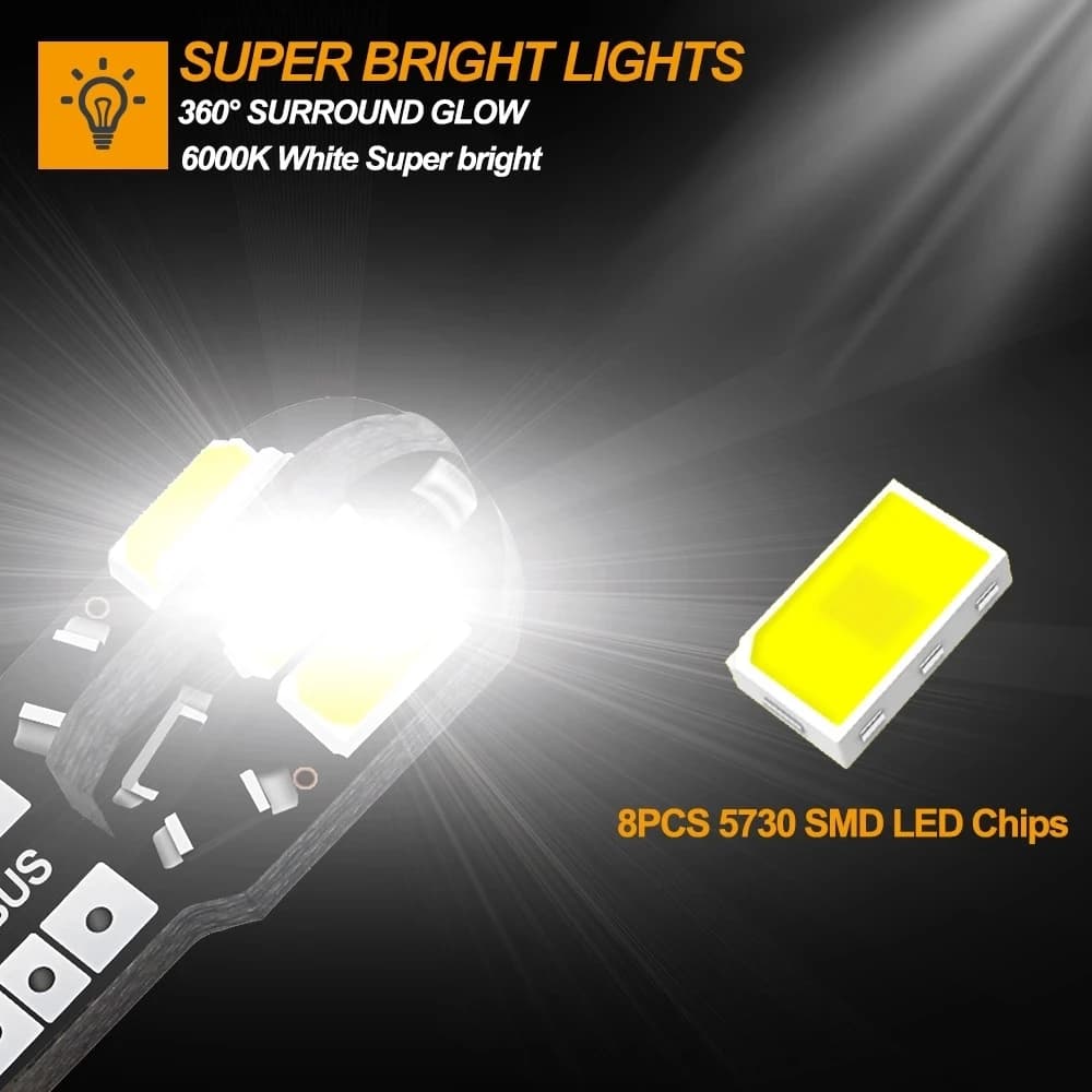 مصابيح LED W5W T10 Canbus 5730 8SMD 12V 6000K 194 168، إضاءة داخلية للسيارة، مصابيح خريطة، إضاءة موقف السيارة، مصباح إشارة تلقائي - 2
