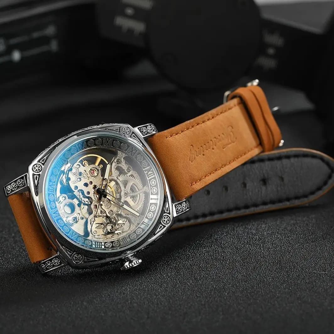ساعة فوسينينج رويال ريترو هيكل عظمي ميكانيكية أوتوماتيكية للرجال حزام جلدي ساعات رجالية أعمال غير رسمية ماركة فاخرة هدايا جديدة - 6