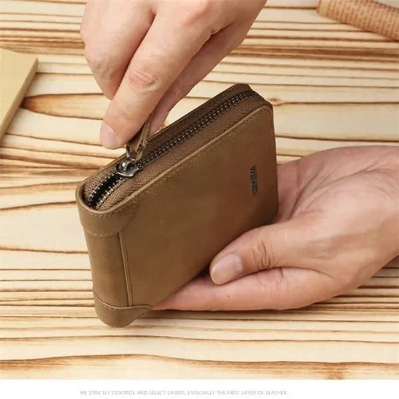 محفظة WEIXIE جلدية بسحاب، ثنائية الطي، صغيرة للعملات المعدنية مع حماية RFID - 4