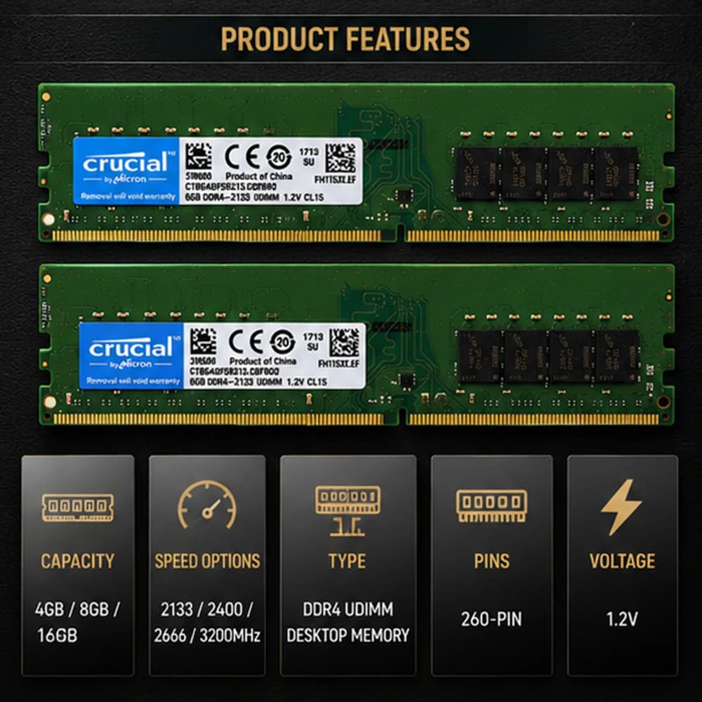 ذاكرة رام Crucial PC4 DDR4، سعات 4/8/16 جيجابايت، ترددات 2133/2400/2666/3200 ميجاهرتز، UDIMM 288Pin، مناسبة لألعاب الكمبيوتر - 2