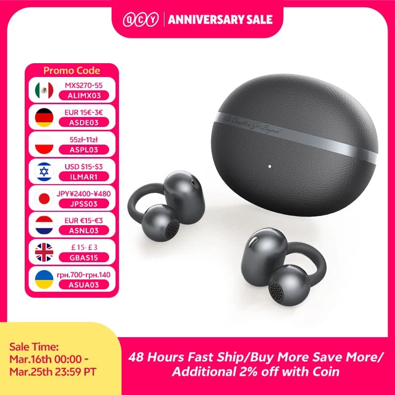 سماعات أذن لاسلكية QCY Crossky C50 مفتوحة الأذن، بلوتوث 6.0، مشبك مريح للرياضيين، 4 ميكروفونات، مكالمات واضحة بتقنية الذكاء الاصطناعي، سماعات رأس معززة للصوت الجهير