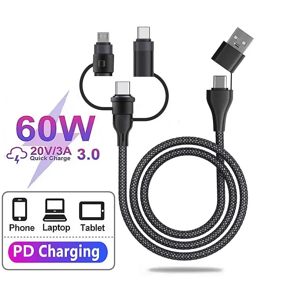 كابل شحن متعدد 4 5 في 1 PD 60 وات شحن سريع محمول USB C سلك شحن ومزامنة البيانات مع منافذ USB/Micro/Lightning من النوع C/Micro