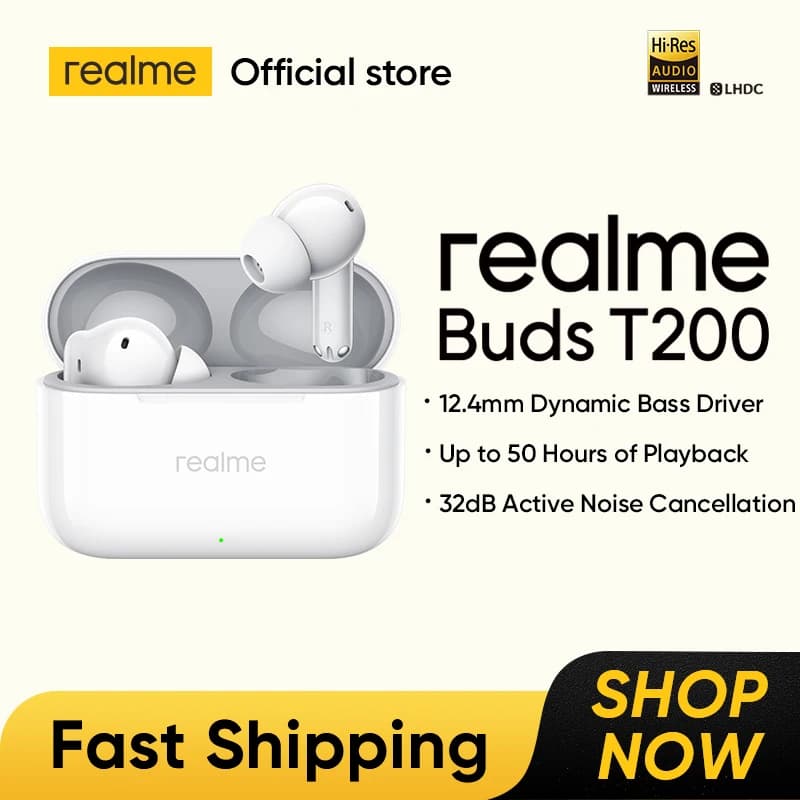 سماعات realme Buds T200 TWS، إلغاء ضوضاء نشط 32dB، مشغل باس ديناميكي 12.4 ملم، بلوتوث 5.4، مقاومة للماء IP55، شهادة Hi-Res
