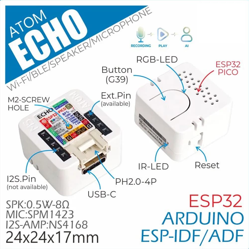 سماعة ذكية صغيرة M5Stack ATOM Echo قابلة للبرمجة وحدة تحكم صوتي ESP32 مع BLE/Wi-Fi لمشاريع IoT النموذجية وDIY - 2