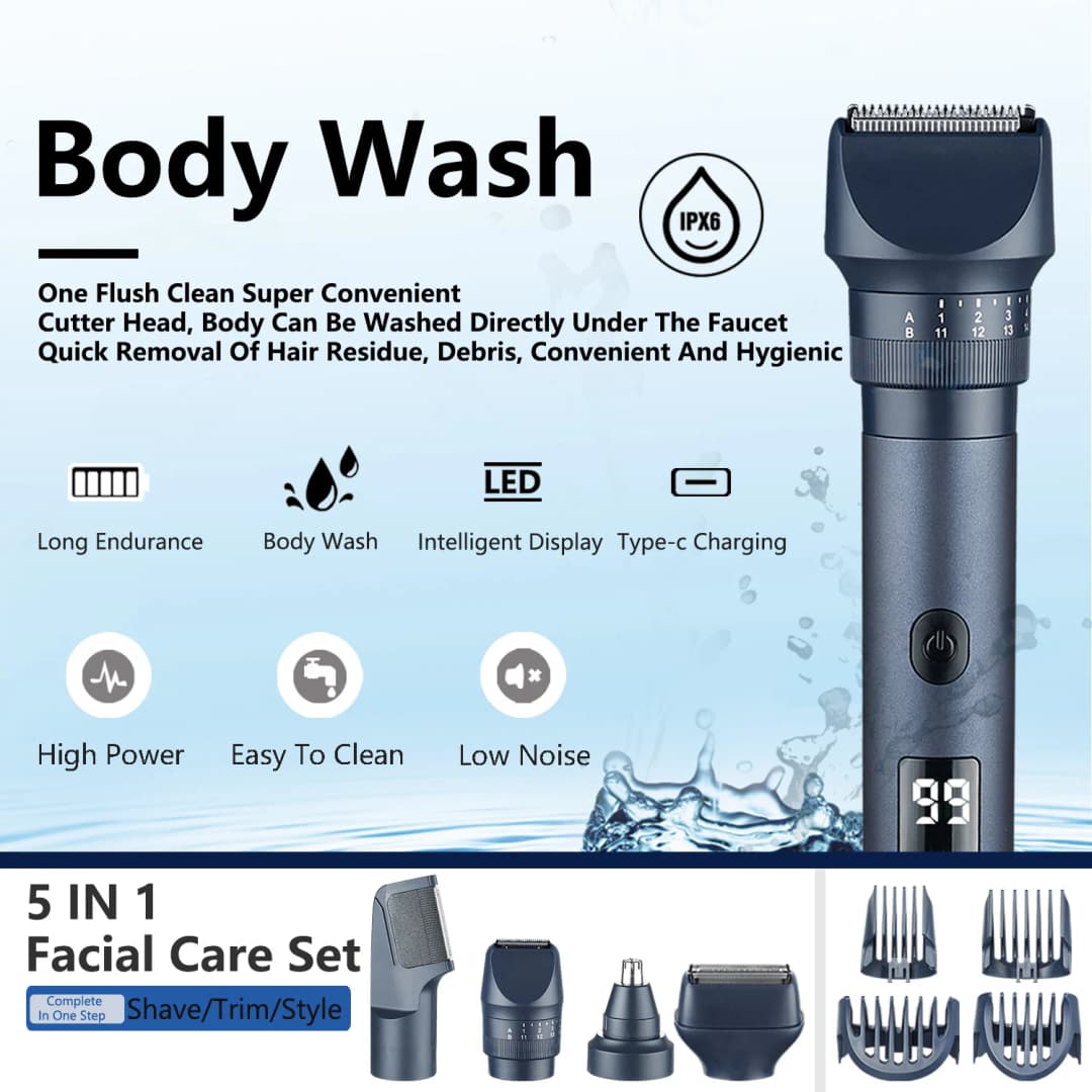 HOMEFISH 5 IN 1 Men's Electric Shaver IPX6 Waterproof Beard Trimmer Rechargeable Cordless Hair Clipper Body Grooming Kit - 2