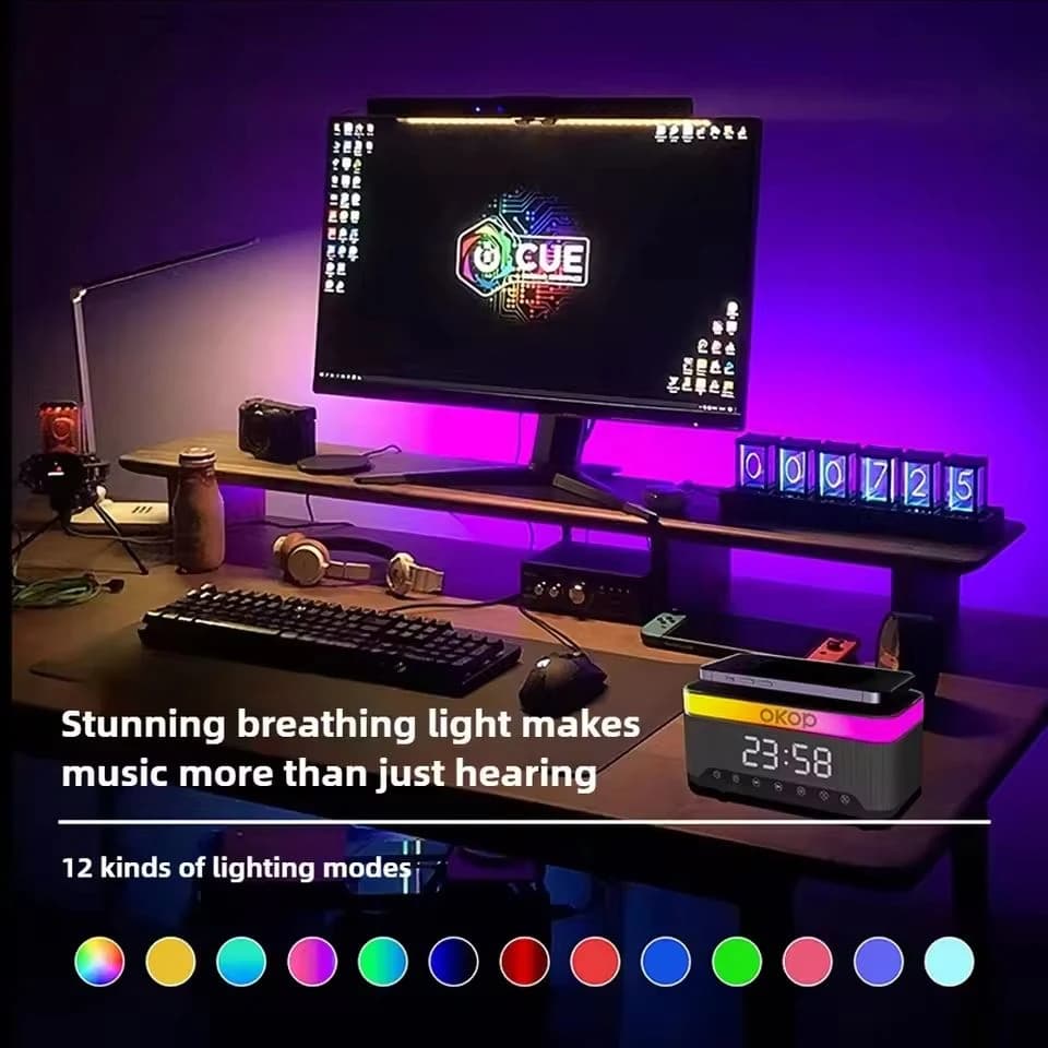 سماعة بلوتوث OKOP بقوة 15 واط شحن لاسلكي، ساعة منبه إضاءة محيطة RGB ضوضاء بيضاء شاحن مكتبي - 3