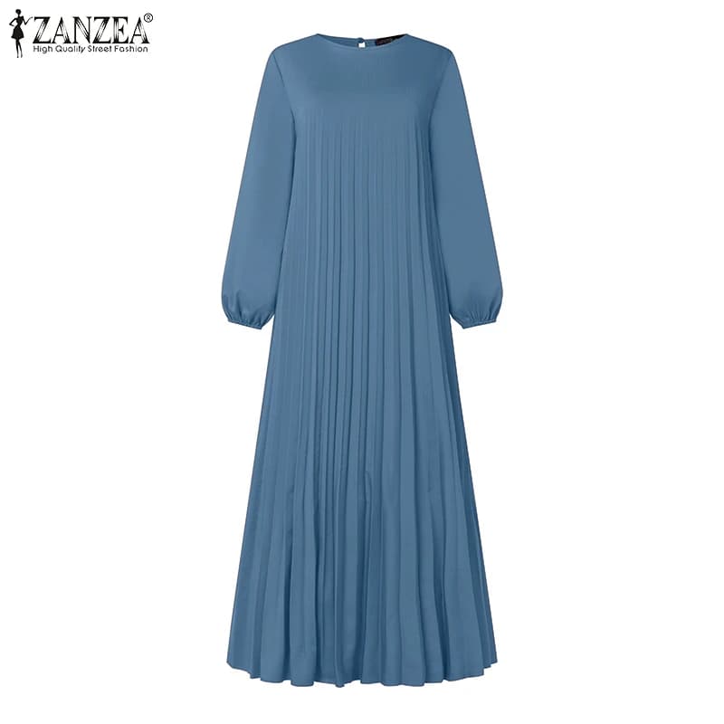 Ramadan Muslim Dress Abaya ZANZEA Casual Kaftan Women Long Sleeve Pleated Sundress Hijab Robe Femme IsIamic Clothing Eid Mubarek - 2