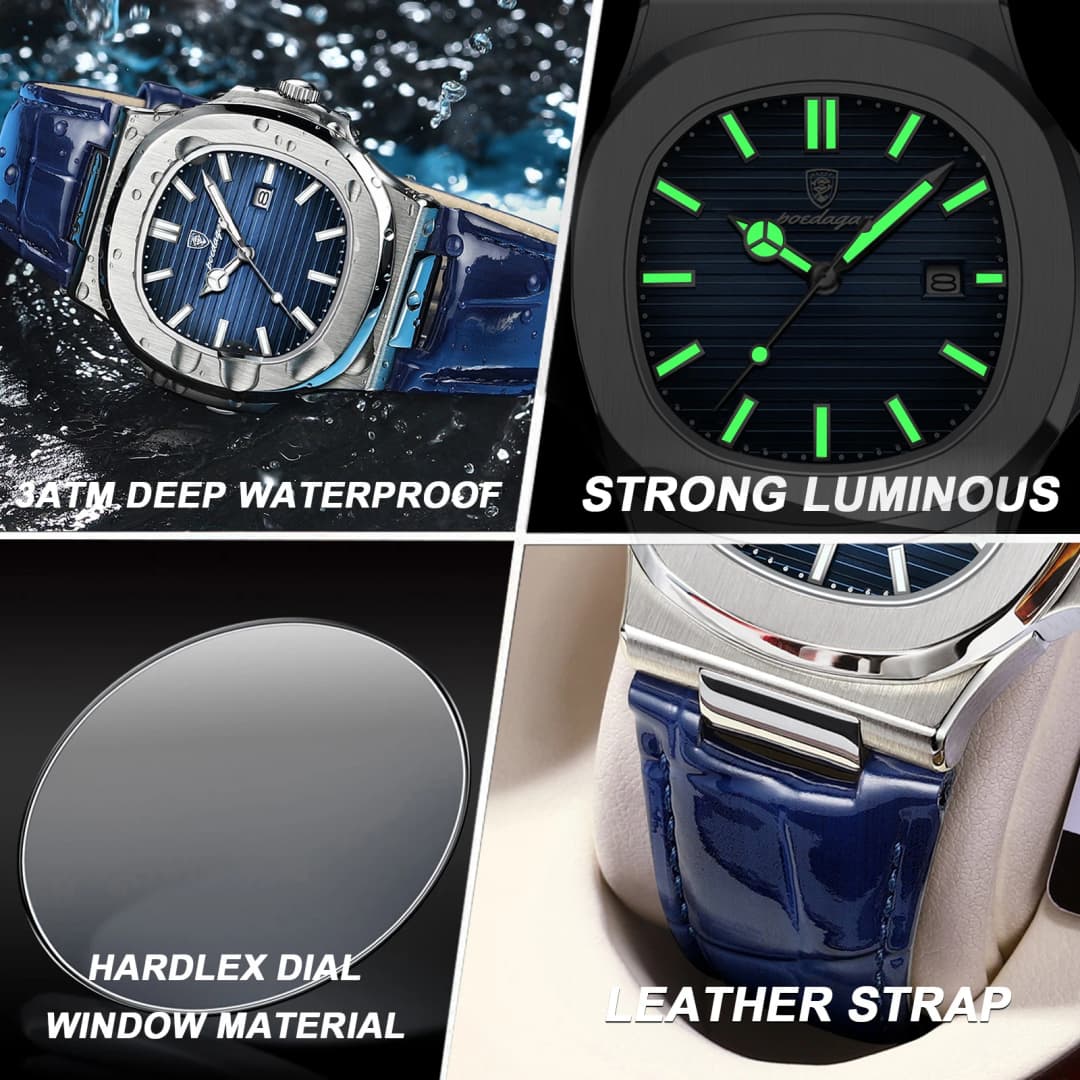 POEDAGAR Top Square Man Watch Date Waterproof Luminous Luxury Men Wristwatch High Quality Leather Men's Quartz Watches+Box Reloj - 5